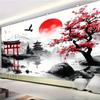 Tapiserie Pictură cu Cerneală Japoneză Soare Roșu Poartă Torii Peisaj Zen Artă de Perete Stil Asiatic Decor Acasă Munte Lac Reflecție 2D Plat