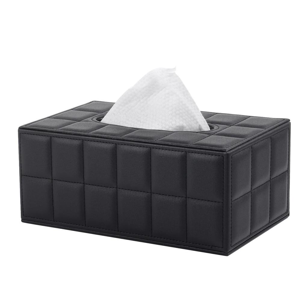 Eco-friendly Black Plaid Leather Tissue Box for Home and Hotel
