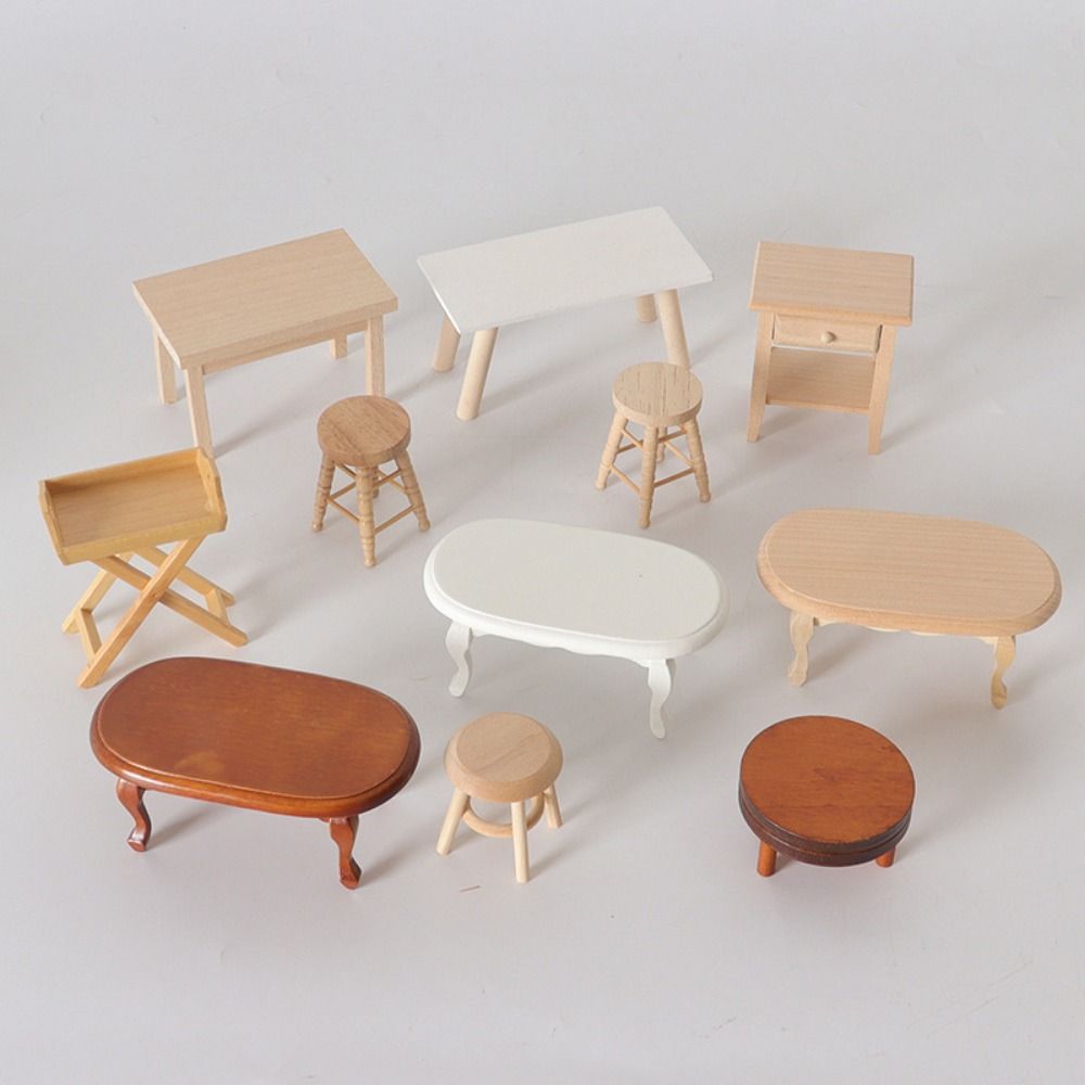 Multistyles Wood Coffee Dining Table Chairs Modern Simple Simulation End Table for OB11 Doll