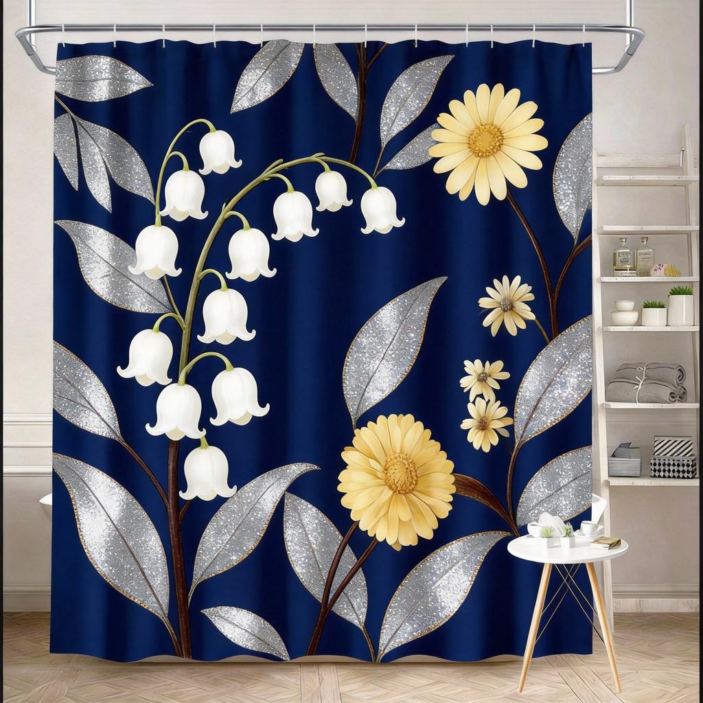 Vintage Floral Shower Curtain 180x180cm – Cream & Gold Peonies with Daisies on Black Background, Elegant Bathroom Decor 12 Hooks