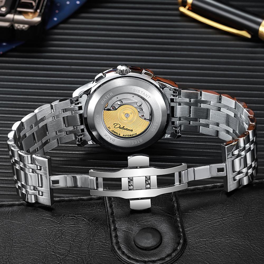 Dulunwe Luxus-Armbanduhr mit Mondphase, leuchtende Wochenkalenderanzeige, Uhren für Herren, modische Edelstein-Automatik-mechanische Uhr
