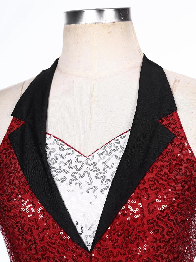 Womens Jazz Dance Outfit Halter Neck Backless Design Sparkly Sequins Fringe Jumpsuit Tassel Leotard