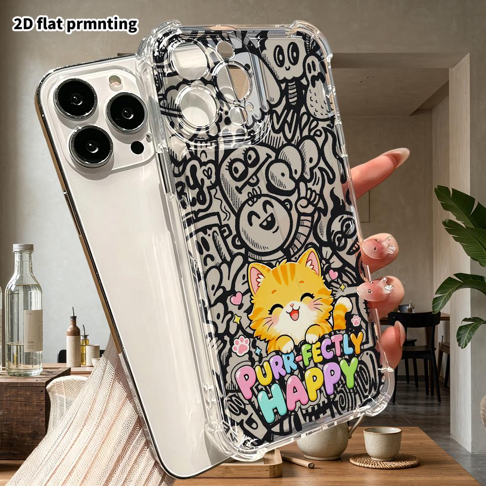 Phone Case: 2D flat suitable for iPhone 18 17 16 15 14 13 Pro, transparent four corner protective case, orange cat, Christmas and Halloween gifts
