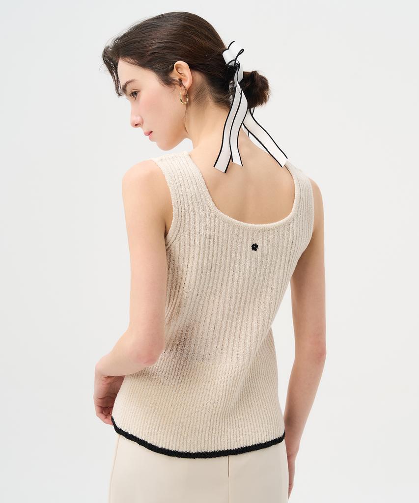 Pelimela 2-Way V-Neck Square Neck Knit Sleeveless (Beige)