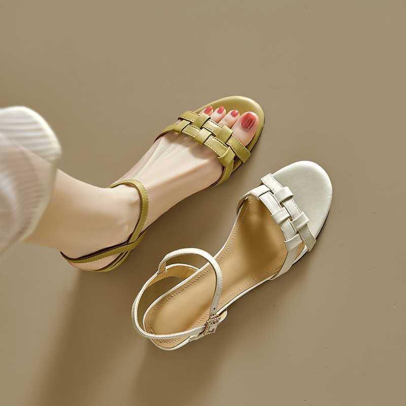 Handmade Real Soft Leather Low Heel with Sandals Female 2025 Summer New Fairy Style Shoes Woven Thick Heel Sandals