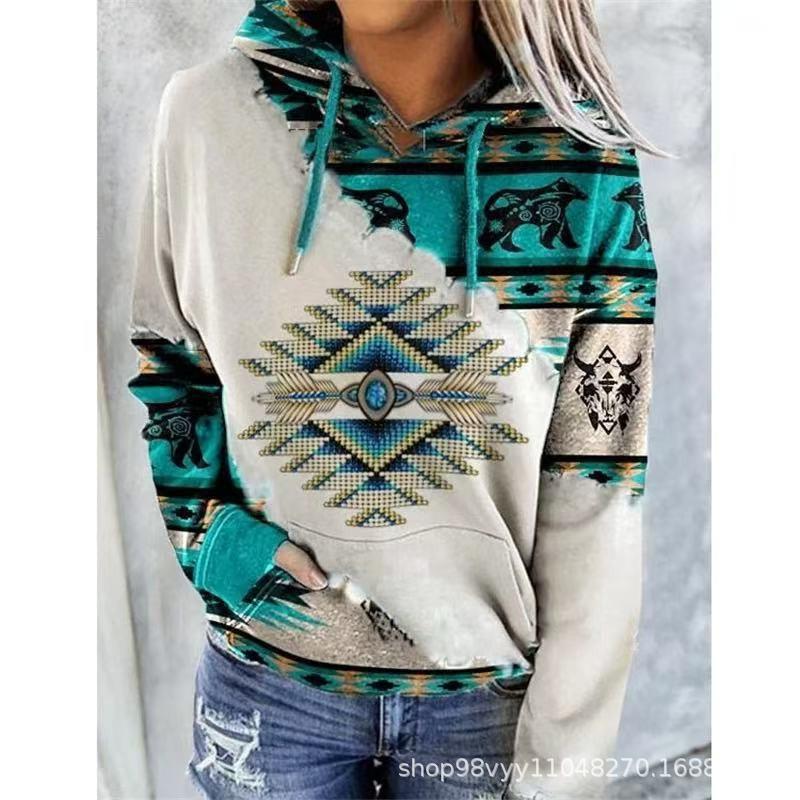 Womens Winter Hooded Sweatshirt Ethnic Print Loose Fit Long Sleeve Pullover Casual Oversized Top