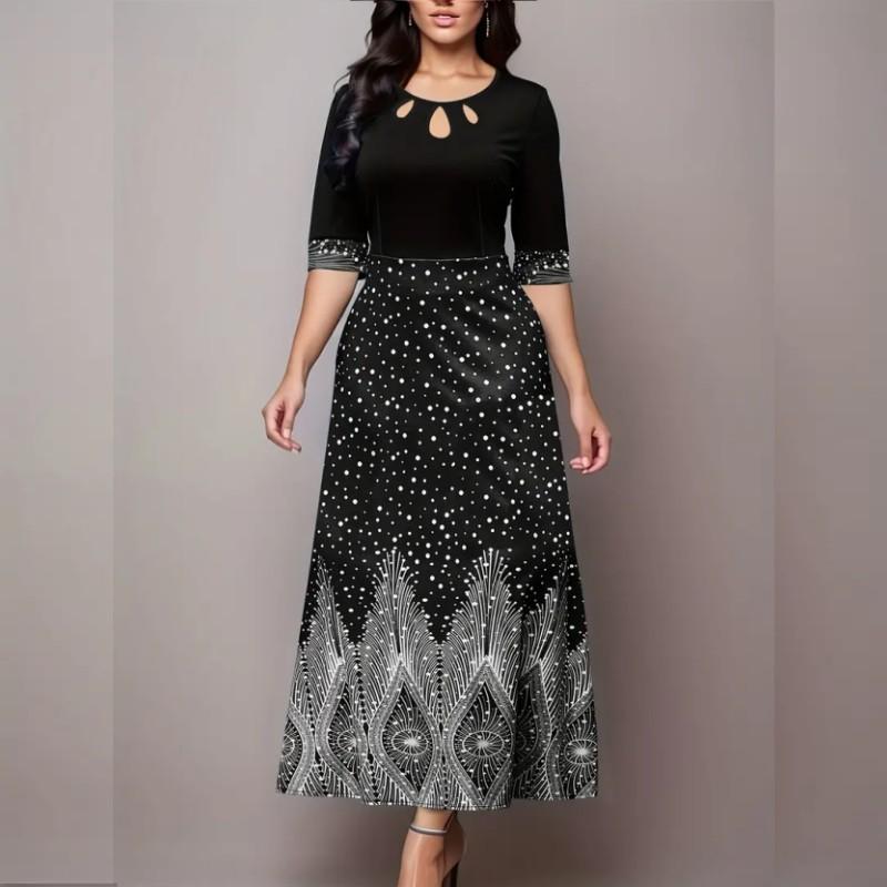 

Элегантное платье с вырезом с цветочным принтом, платье с круглым вырезом с короткими рукавами для вечеринок и банкетов, женская одежда 3XL чёрный