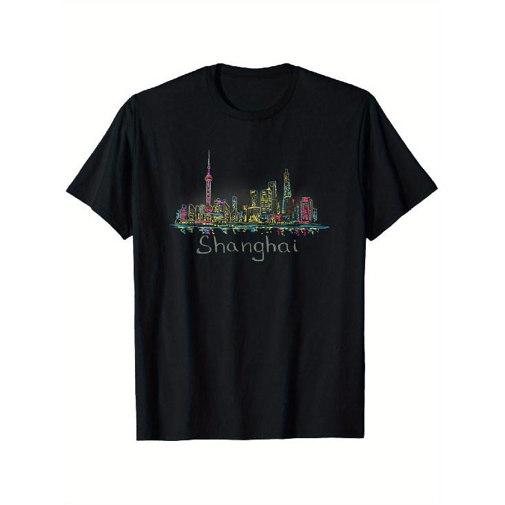 Men's Shanghai China Night Skyline T Shirt Black with Illuminated Oriental Tower Pudong Design Stretch Fabric Relaxed Fit Crew Neck All Season Casual