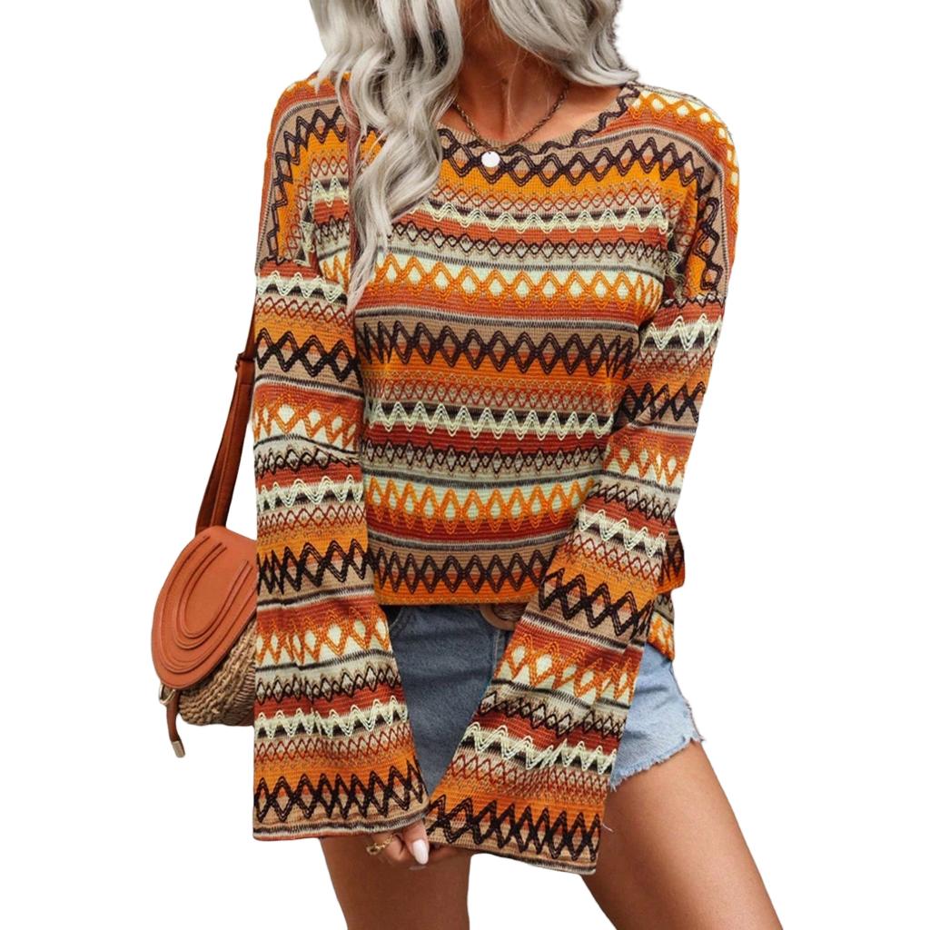 Damen Freizeit Langarm Strickpullover Lockerer Rundhals Pullover Leicht Dehnbar Gemustertes Oberteil für den Alltag