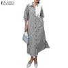 ZANZEA Women Casual Turn Down Collar Loose 3/4 Sleeve Stripe Dress