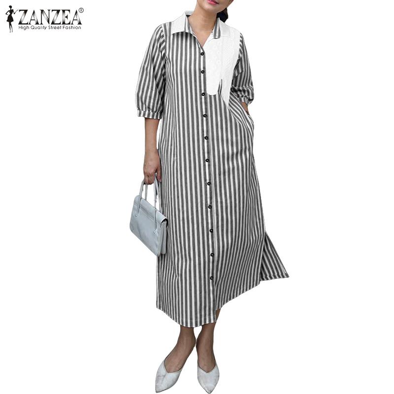 ZANZEA Women Casual Turn Down Collar Loose 3/4 Sleeve Stripe Dress