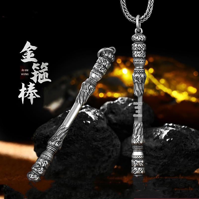 Collar Colgante Rey Mono Ruyi de Mitología Guofeng de Chiba - Plata Tailandesa y Oro Palo de Monje, Estilo Retro Unisex