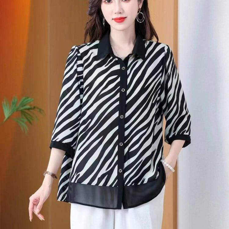 Middle Aged Mother Summer Outfit Three Quarter Sleeves A Stylish Base Small Shirt Middle Aged Elderly Women's Summer Shirt