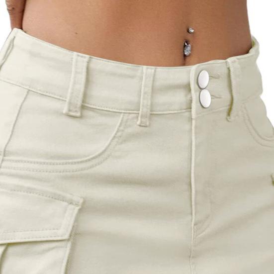 Women Mini Denim Skirt Low Waist Cargo Skirt with Pocket Solid Color Button Zipper Fly Short Skirt Streetwear