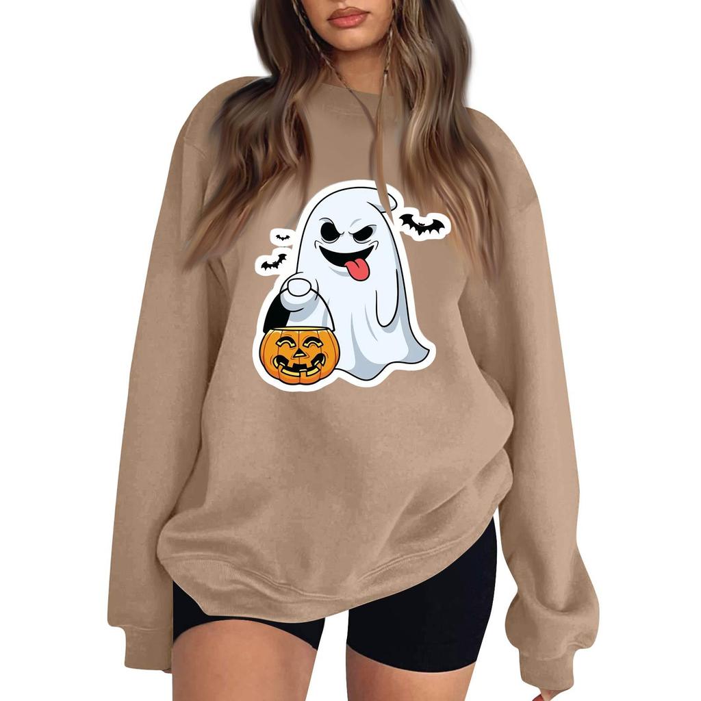Women's Neck Long Sleeve Comfy Sweatshirt Casual Loose Fit Color Halloween Print Pullover