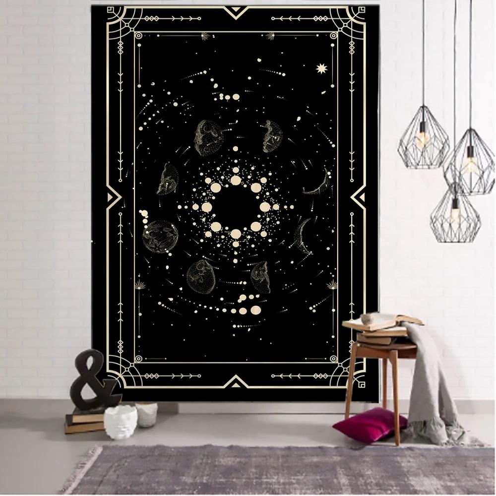 Witchcraft Tarot Tapestry Wall Hanging Black Khaki Sun Moon Starry Universe Geometric Pattern Dormitory Home Decoration Curtains