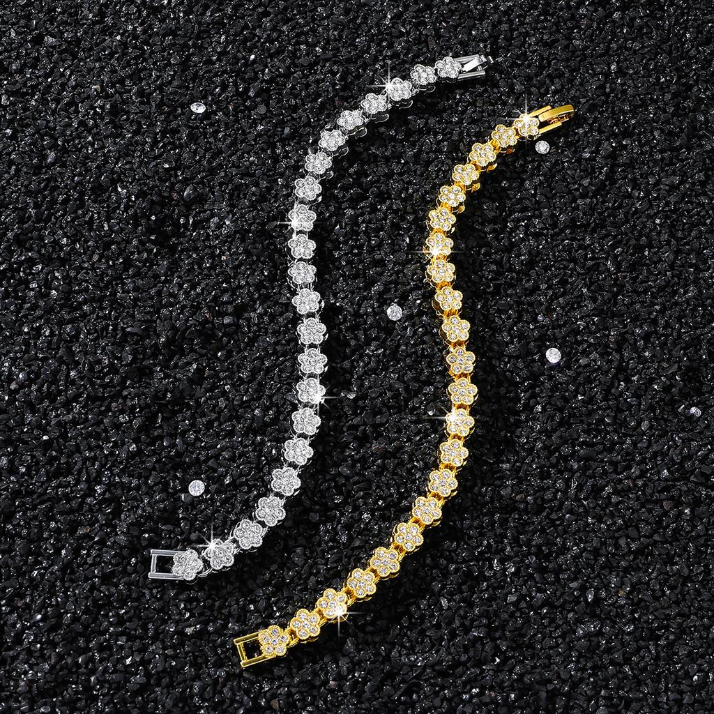 Luxury Bling Zircon Four Leaf Clover Charm Tennis Bracelet Gold Plated Hip Hop Women's Gift for Anniversary