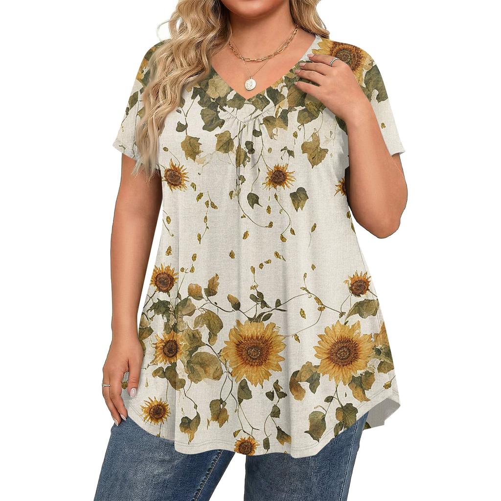 Women's Plus Size Fashionable Casual Loose-Fit Short Sleeve Elegant V Neck Blouse For Work