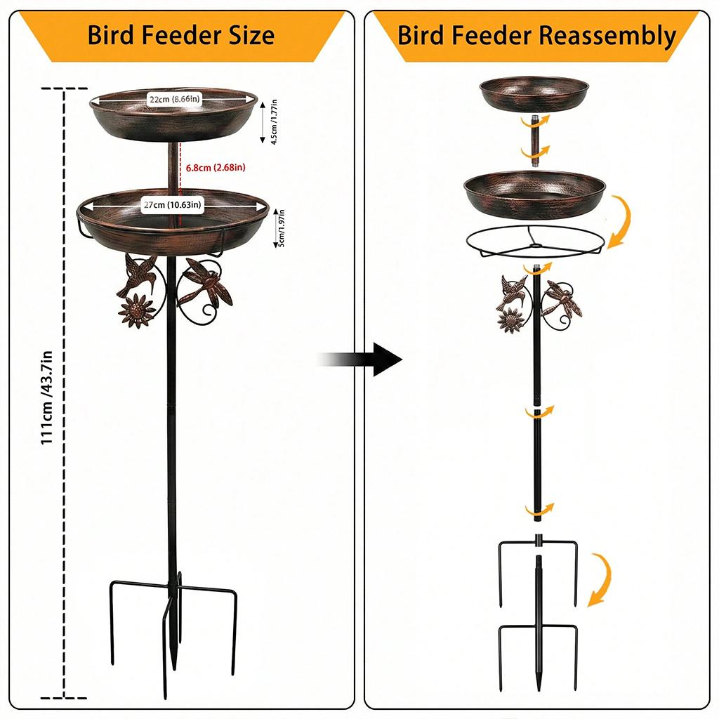 1Pc Vintage 2-Tier Iron Bird Bath & Feeder Combo – Rust-Proof 5-Claw Ground Stake, All-Weather Outdoor Garden Decor for Hummingbirds & Sparrows