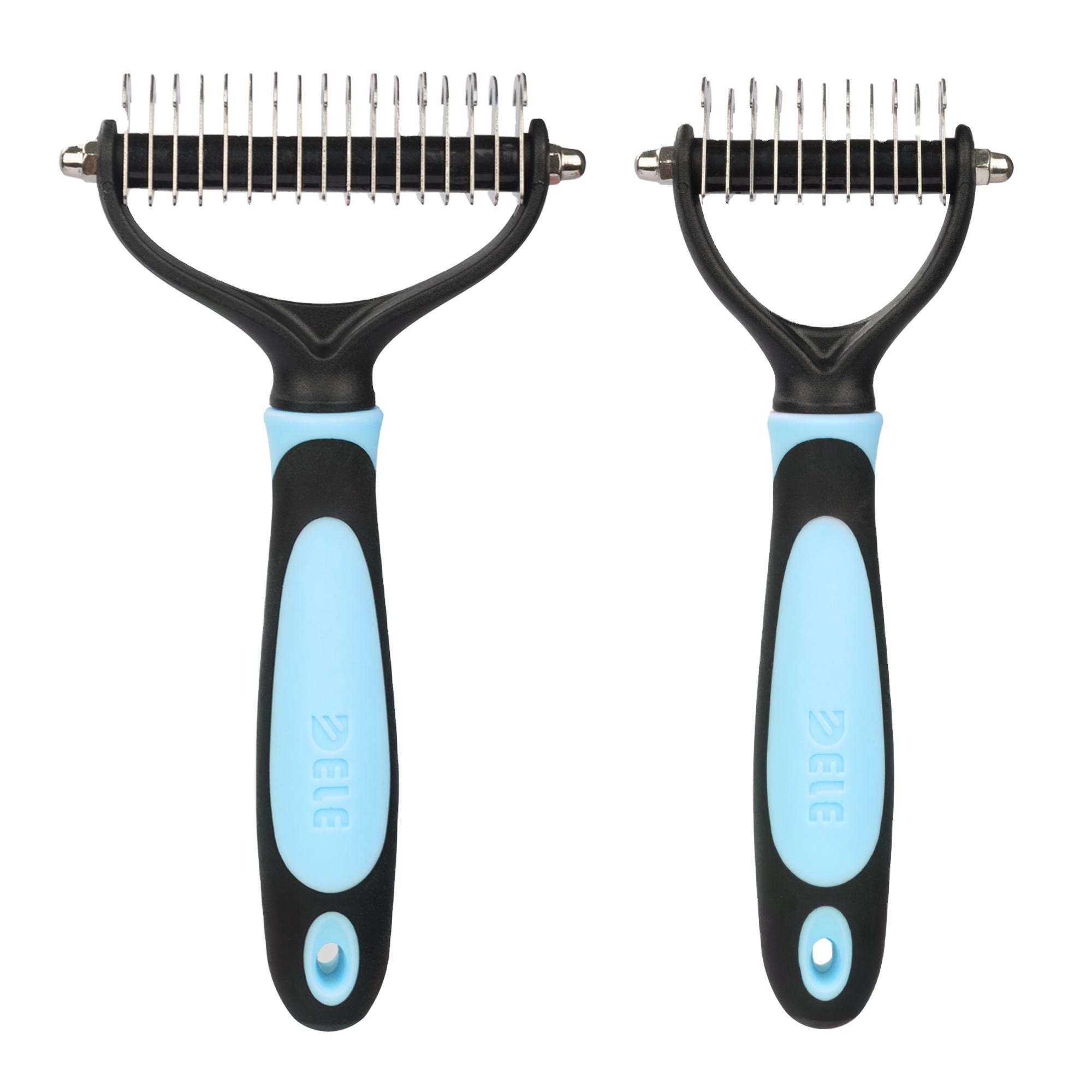 Pet Grooming Brush 2 Sided Shedding and Dematting Undercoat Rake Comb for Dogs and Cats синий