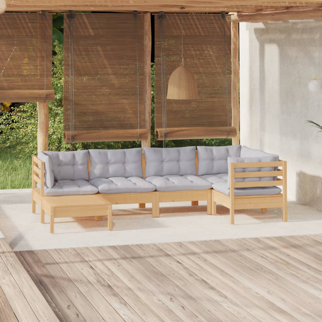 Vidaxl 6-Cz. Garden Lounge Set, Grey Cushions, Pine