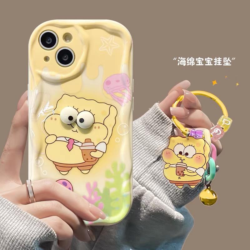 Big Eyes SpongeBob Cartoon TPU Soft Phone Case For 11 12 Mini 13 Pro Max 14 Pro 15 Pro X XS Max XR 7 8 Plus With Pendant