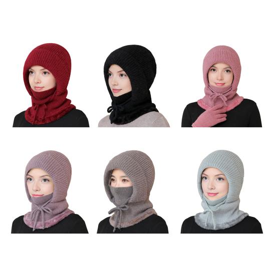 Gestrickte Wollmütze mit Schnürung zur Anpassung, Samtfutter, Gesichts- und Nackenschutz, Reitkopfbedeckung, Winterwärmemütze