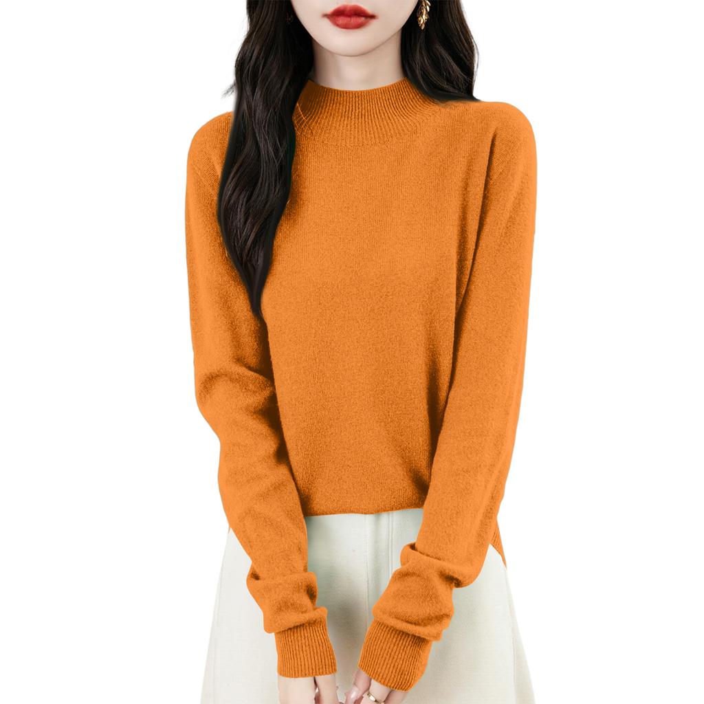 Women's Fashion Flat-Knit Half-Turtleneck Pullover Sweater Solid Color Long-Sleeve Top