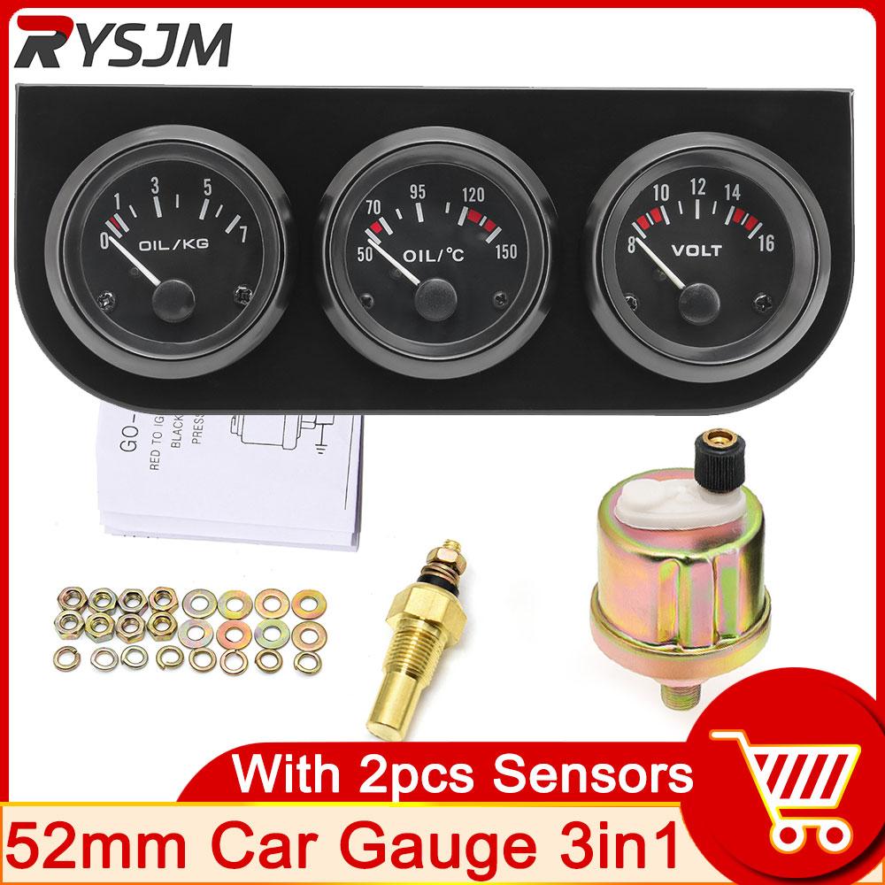 52MM 3in1 Meter Water Temperature Gauge Volt Meter Oil Pressure Gauge Kit with Water Temp Sensor 10mm Triple Meter Voltmeter