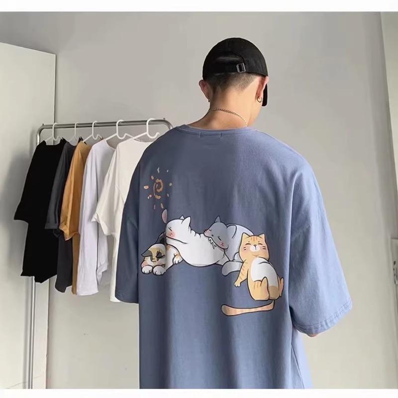 Cat Print Cartoon Trendy Brand Cute Short-Sleeved Hong Kong Style T-Shirt Boys Summer Trend Loose And Versatile Couple Clothes