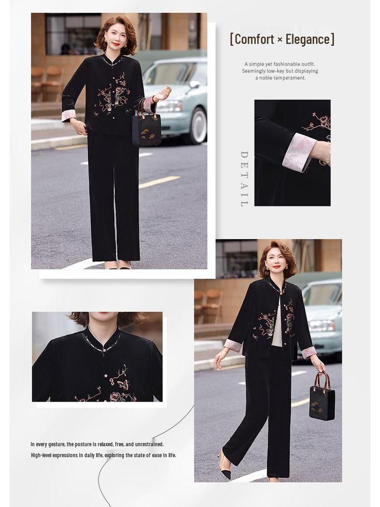 Golden Velvet Two-Piece Suit for Women Aged 40-60 