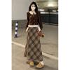 Petite Retro Plaid Skirt & Spliced Long Sleeve Top Set for Autumn/Winter Women