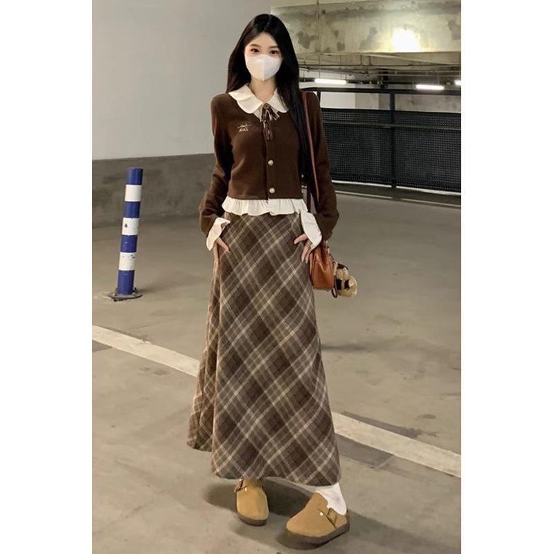 Petite Retro Plaid Skirt & Spliced Long Sleeve Top Set for Autumn/Winter Women