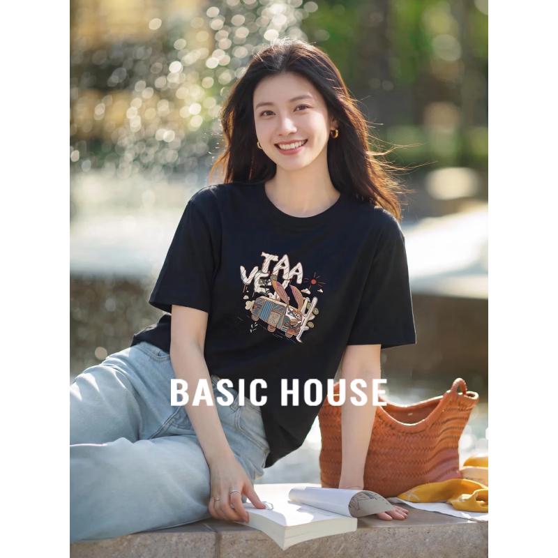 Basic House Women s Black Cotton Printed Round Neck Short Sleeve T-Shirt L