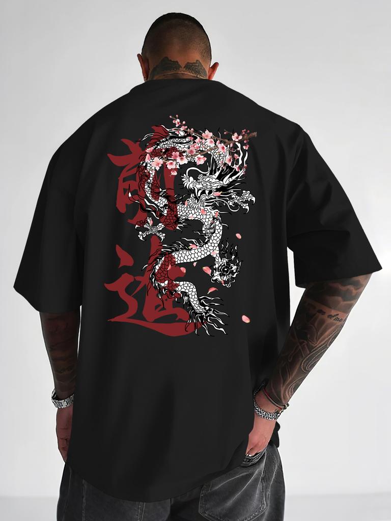 Vintage Red White Dragon With Plum Blossom Streetwear Graphic Tshirt