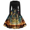Women's Casual Fashion Round Neck Long Sleeve New Year Printed Retro Dress