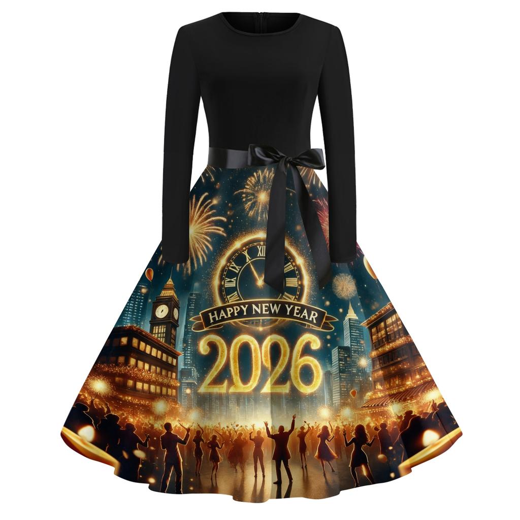 Women's Casual Fashion Round Neck Long Sleeve New Year Printed Retro Dress
