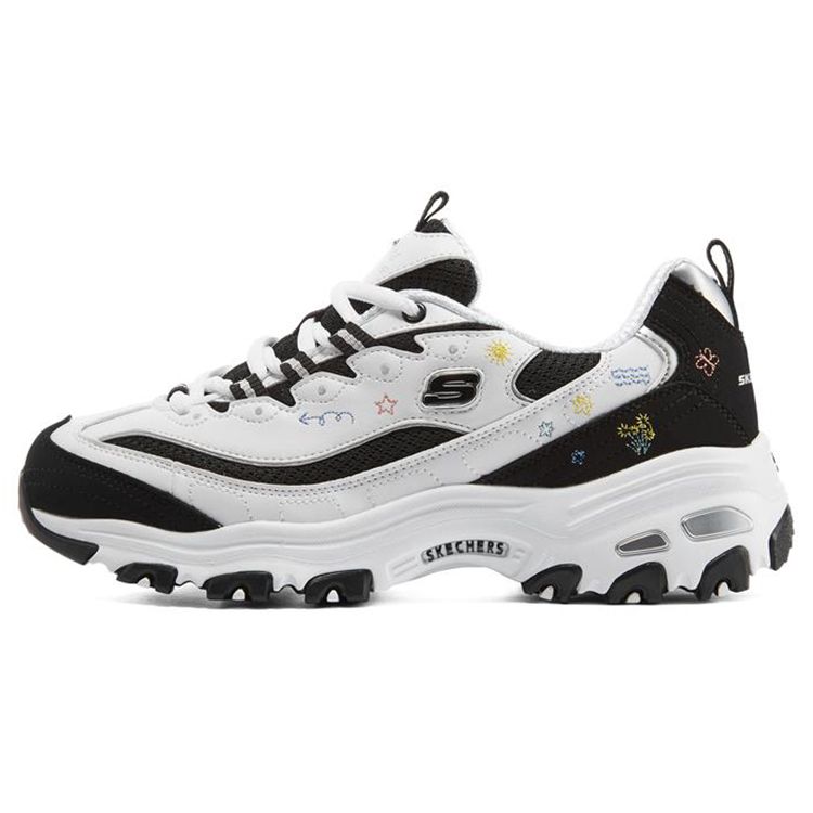 Skechers Women's White/Black Dlites 1.0 Floral Bear Fabric Leather Sport Versatile Low-Top Dad Shoes Sneakers 896155-Wbk Cm