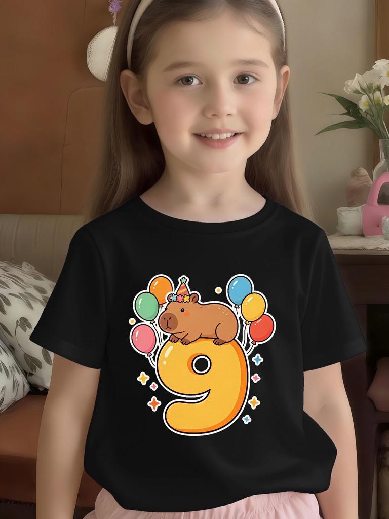 Capybara Birthday 9 Balloon Cartoon Print Kids T Shirt Boys Girls Family Match Cotton Short Sleeve Summer Daily Casual Clothes