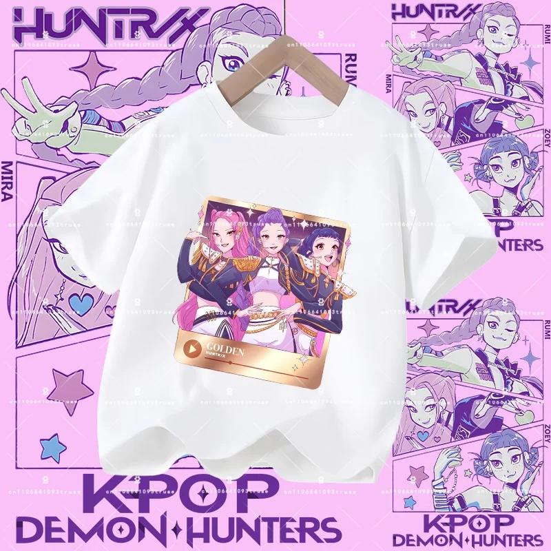 2026 New Kpop Demon Hunters Children's Polyester T-shirt - Girls' Casual Top with Cartoon Print - Summer Short-Sleeved Sports Shirt