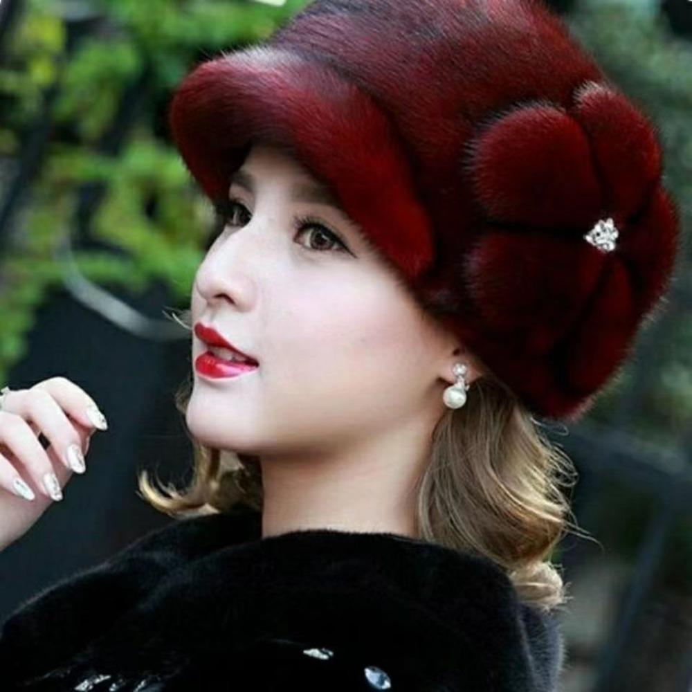 Hat Female Winter Mink Hair Mom Hat Thickened Warm Snowy Fur Beret Cap Thickened Hat