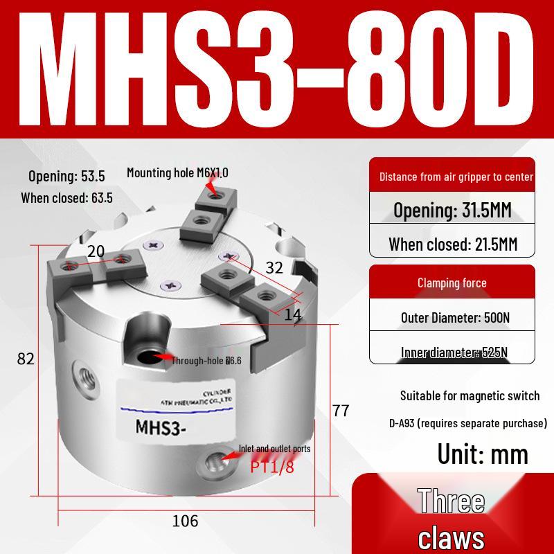 Pneumatic Gripper with Dual, Triple, and Quad Jaw Options: MHS2/3/4-16D/25D/40D/50/63D Clamping Cylinder