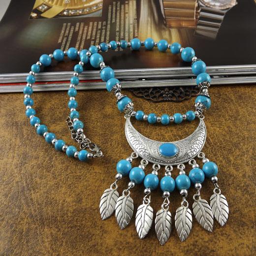 Bohemian Etnický Styl Přírodní Kámen Tyrkysy Náhrdelník Slitinový Přívěsek Kovový Peříček Střapec Náhrdelník Zirkonové Doplňky Ženský