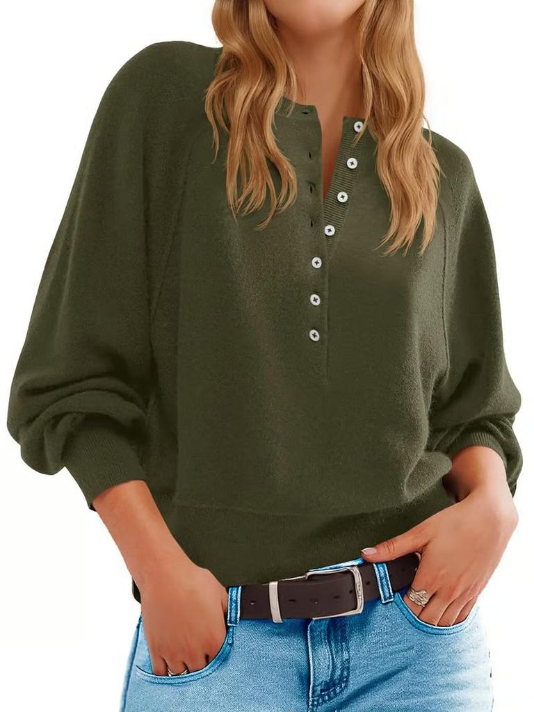 2025 European and American Independent Station Cross-border Women's Solid Color Knitted Button Loose Lantern Sleeve V-Neck Sweater