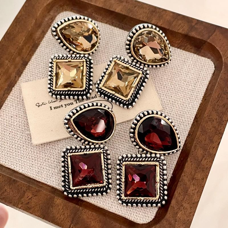 Vintage Crystal Patchwork Water Drop Geometric Rhinestone Earrings for Women