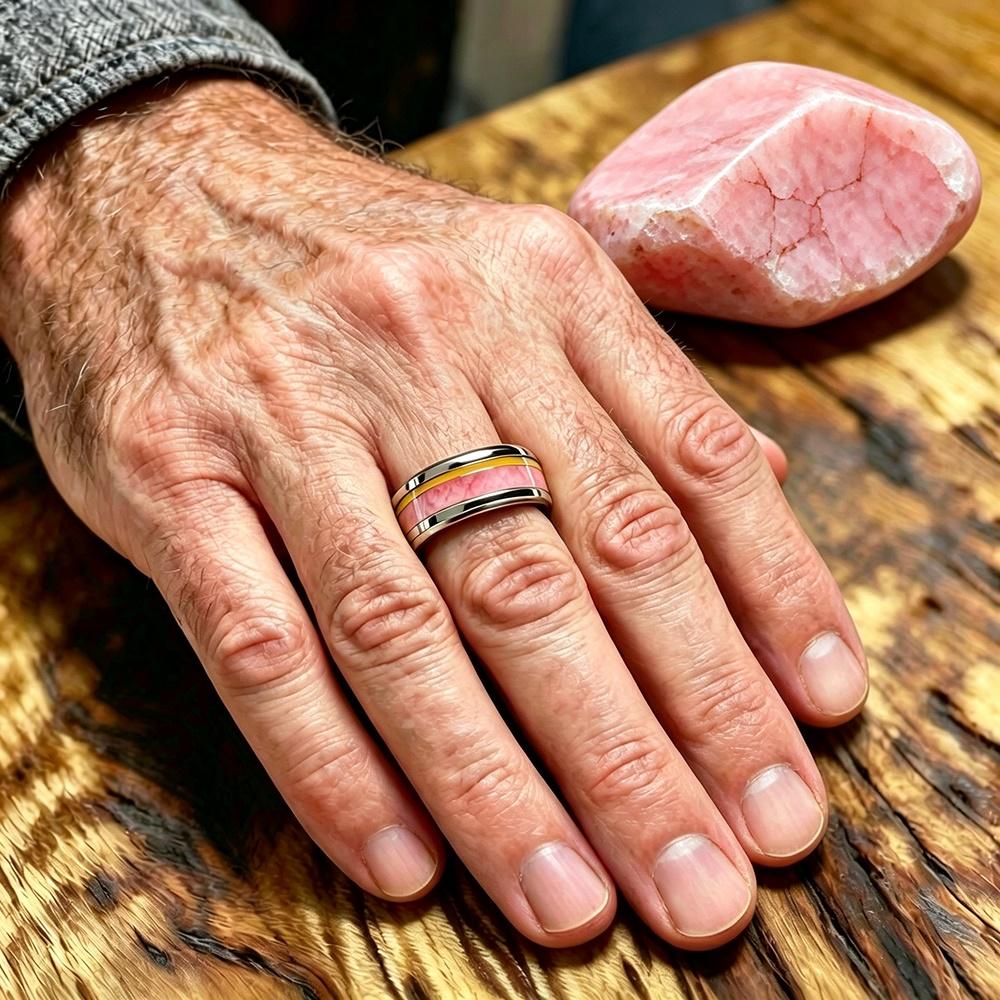 Fashion 8Mm Men Stainless Steel Rings with Pink Marble Stone Inlay Rings for Men Women Wedding Band Jewelry Gift Drop Shipping
