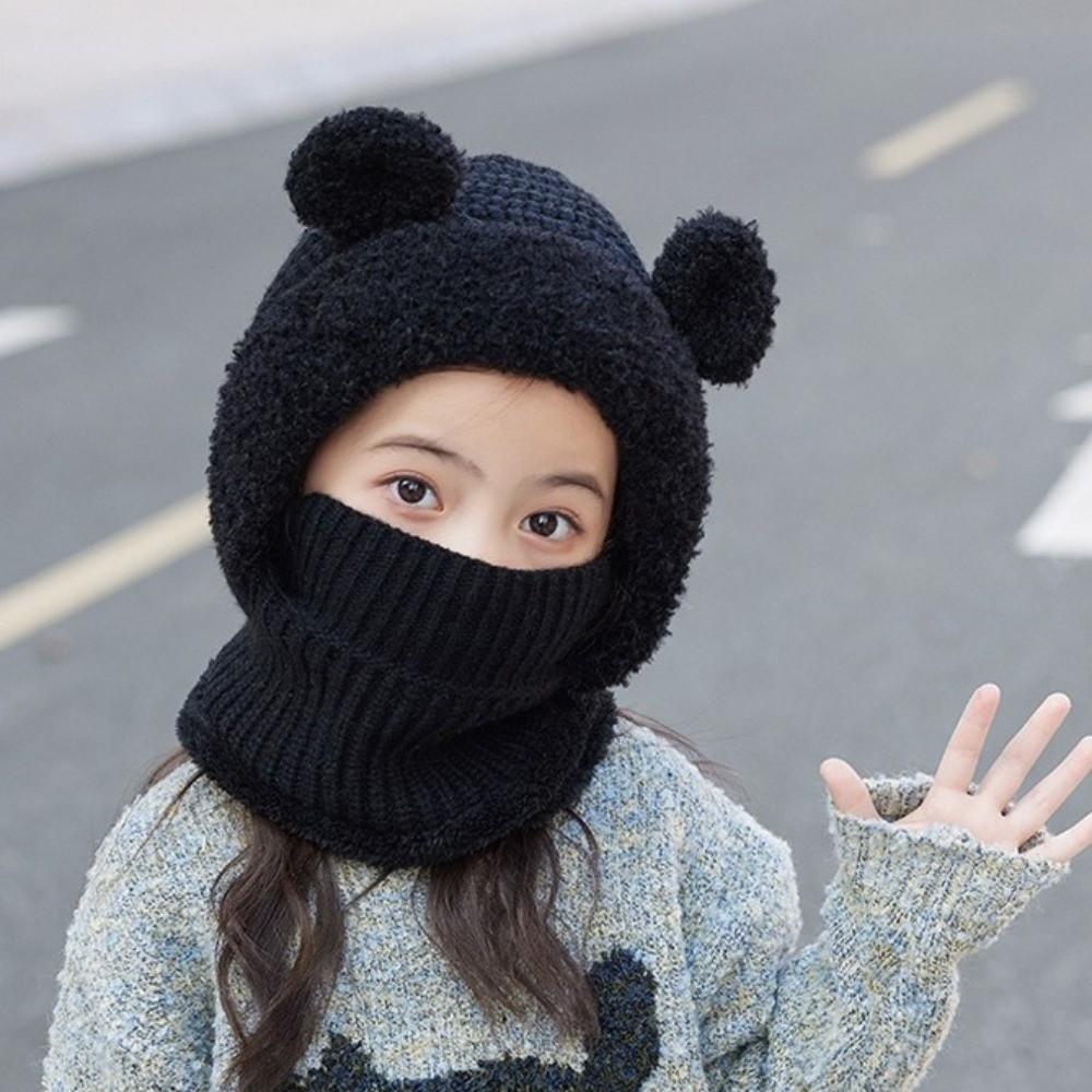 Fluffy Bear Ear Knitted Hat Solid Color Scarf Cap Fashion Baby Hooded Hat Toddler