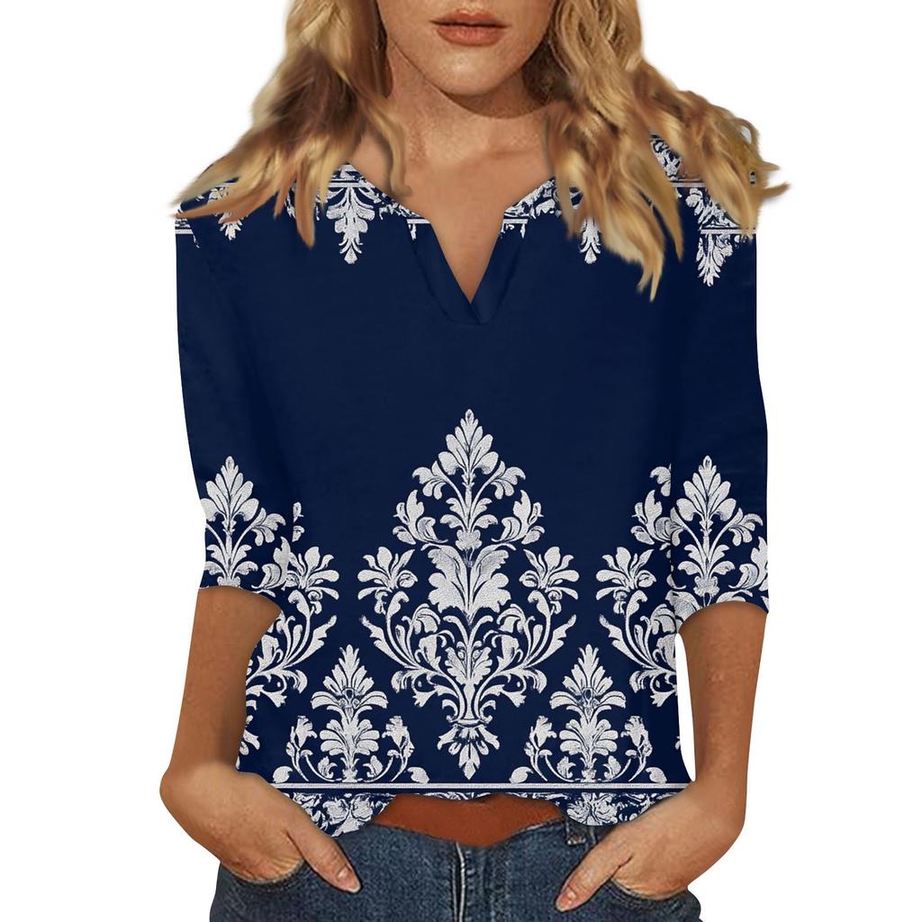 Women's Stand Collar 3/4 Sleeve Printed Top T-shirt