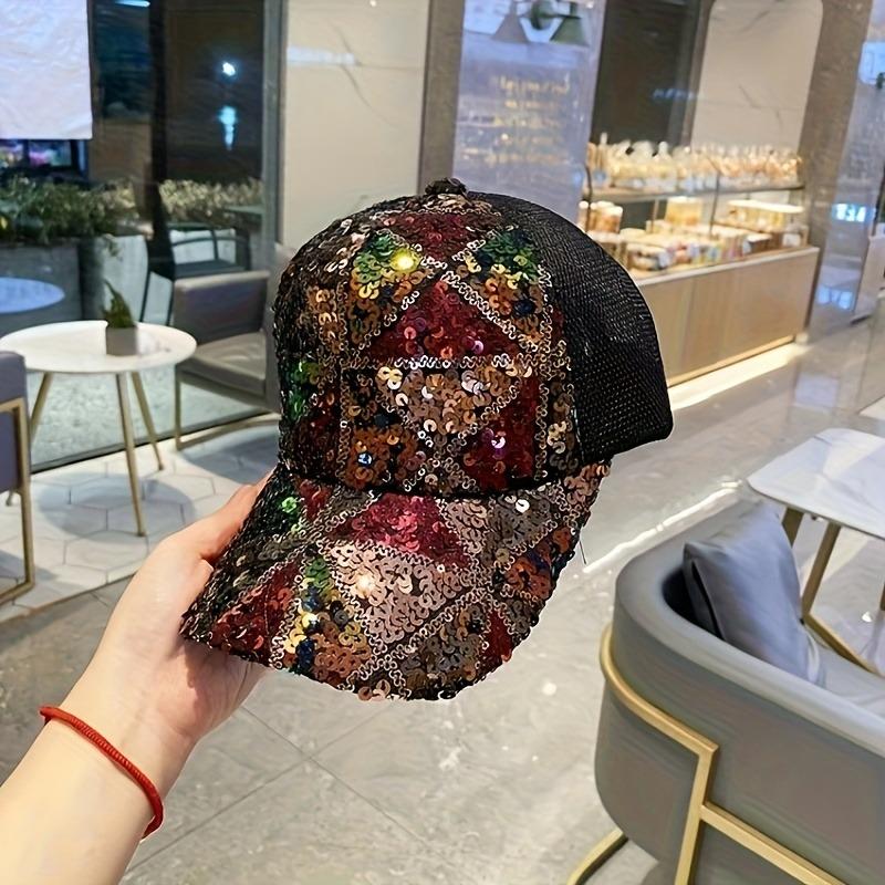 Women'S Colorful Sequined Hat for Spring And Summer, Breathable Mesh Sunshade Baseball Cap, Sparkling Travel Flat-Brimmed Cap