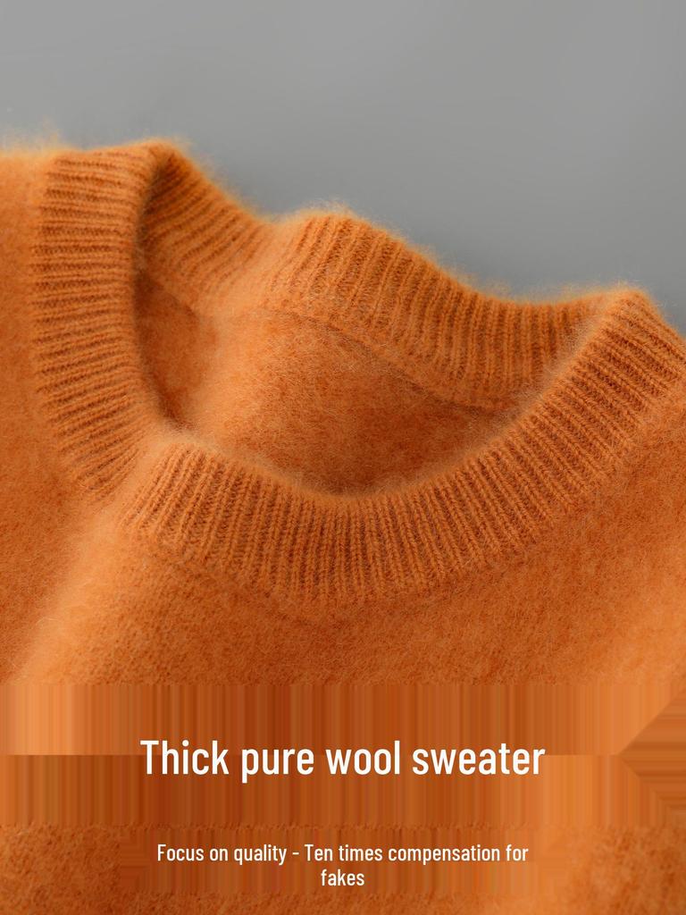 Herren-Pullover aus reiner Wolle, dick, mit Rundhalsausschnitt für Herbst/Winter - Lässig, Warme Strick-Basisschicht
